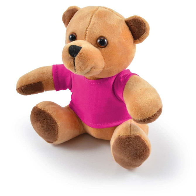 A plush teddy bear in brown with a pink shirt, featuring round eyes and soft, cuddly material.