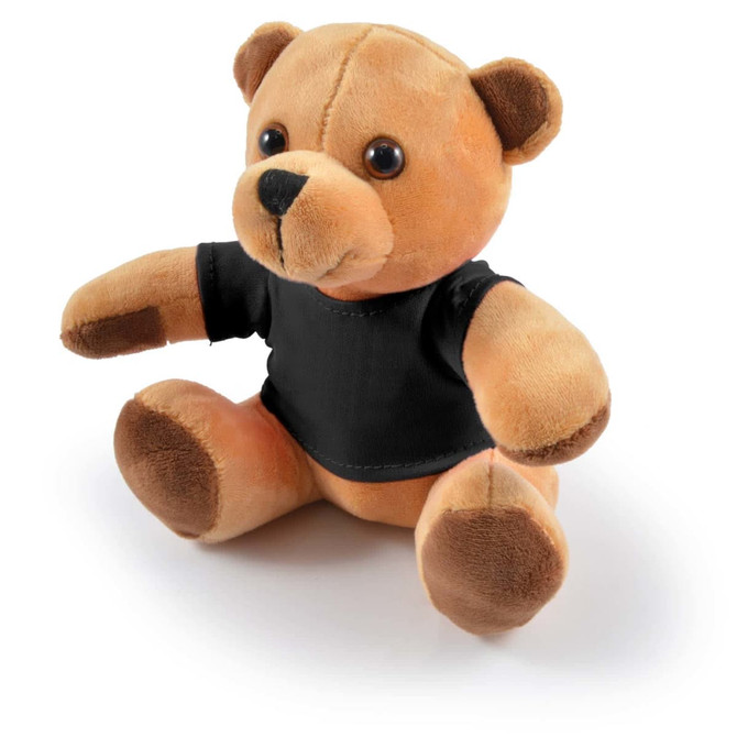 A plush teddy bear in light brown with a black shirt, featuring round eyes and a cute expression.