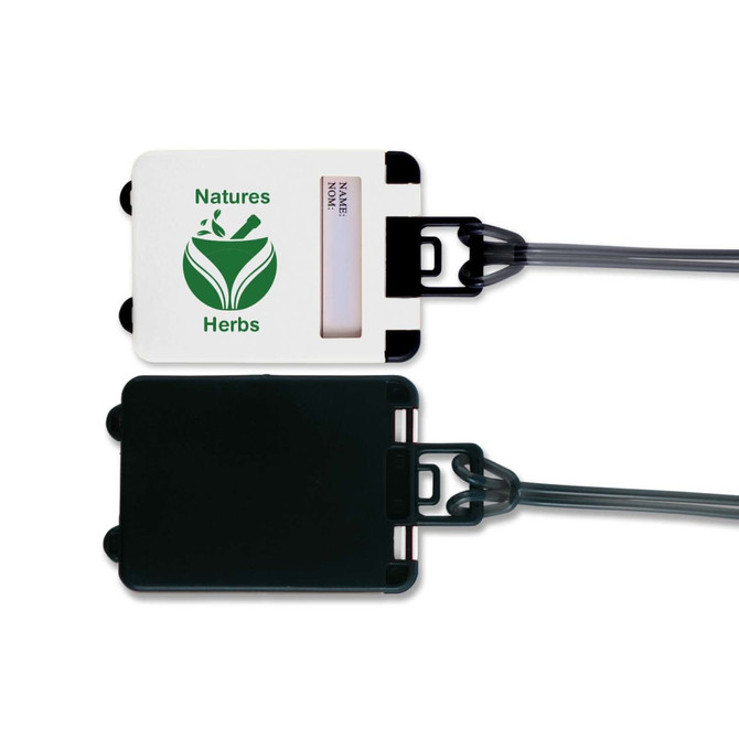 A luggage tag featuring a white front with a logo and a black back, attached with a clear strap.