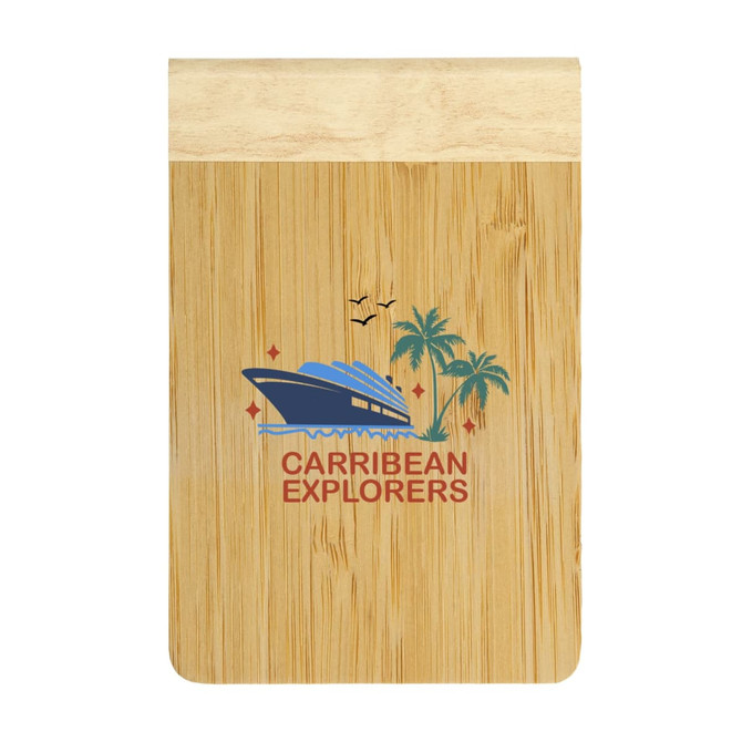 A bamboo notebook with a natural finish, featuring a logo and tropical design with palm trees and a boat.