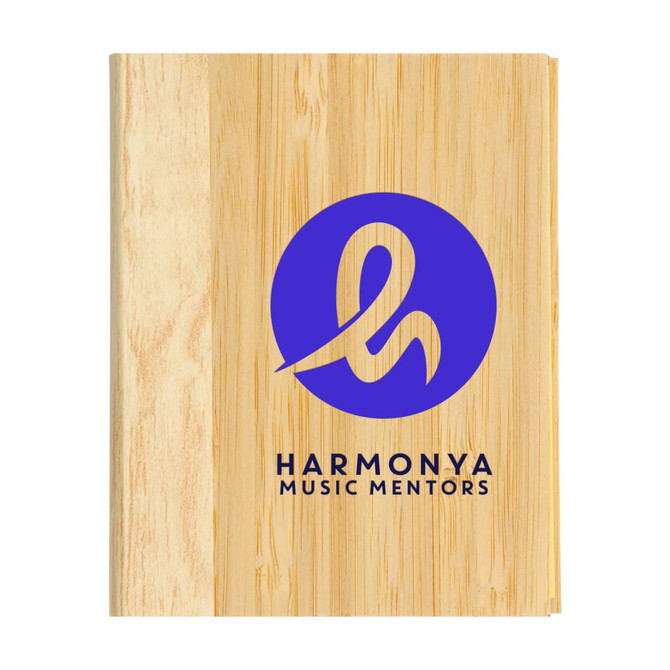 A bamboo sticky notes pad featuring a blue logo and text on a natural wood background.