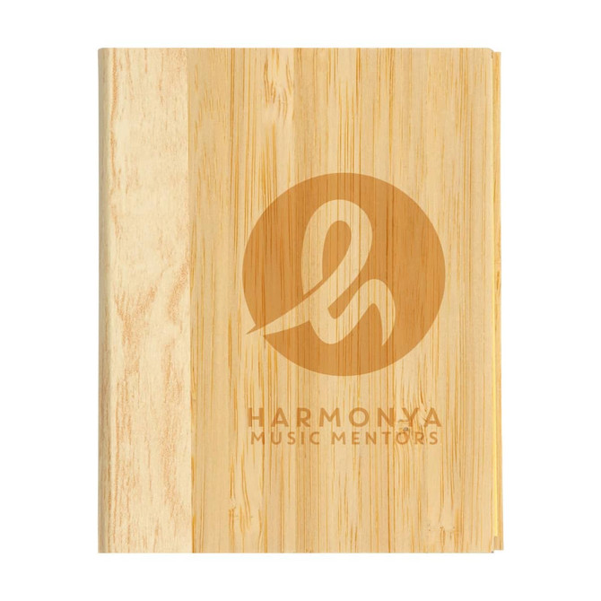 A set of Lumix Bamboo Sticky Notes featuring a wooden texture and the logo of "Harmony Music Mentors."