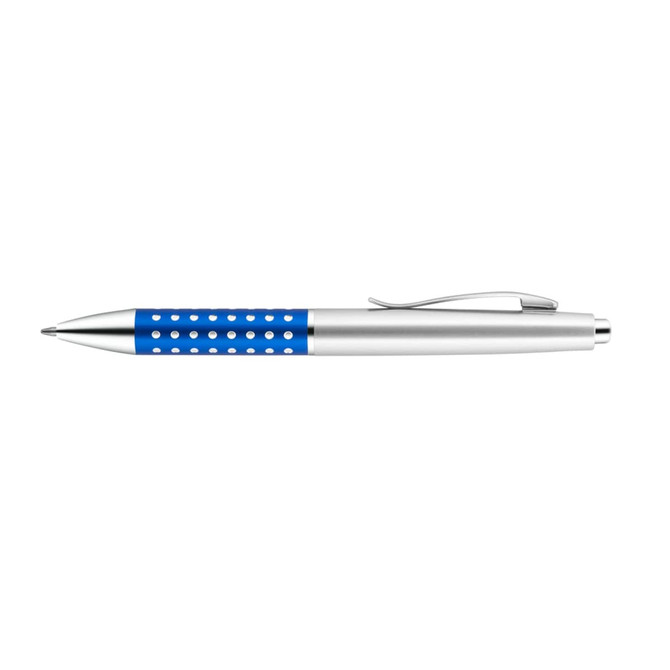 A metallic pen featuring a blue grip with polka dots and a silver barrel, equipped with a clip. It has a logo.
