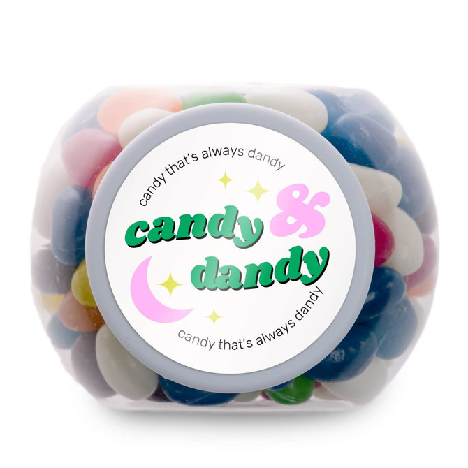 A container filled with assorted color mini jelly beans, featuring a label that reads "Candy & Dandy."