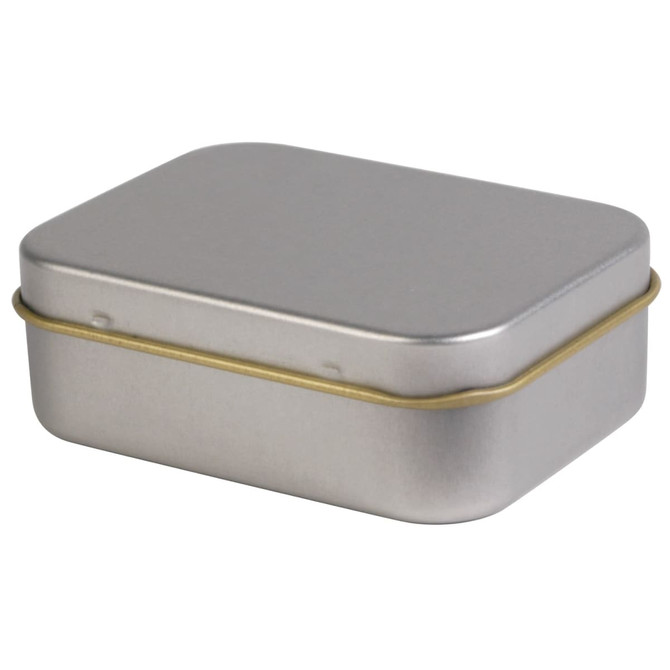 A silver rectangular tin with a gold rim, suitable for packaging pens or other small items.