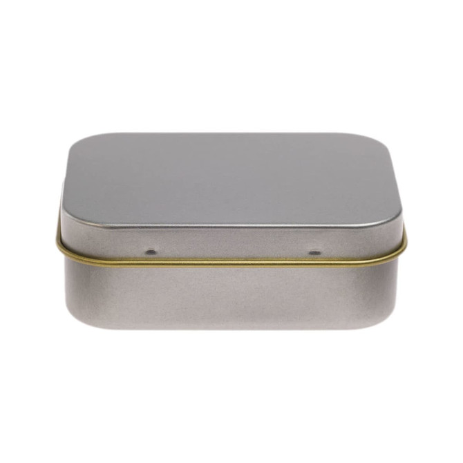 A silver rectangular tin designed for packaging pens, featuring a smooth finish and a hinged lid with a gold accent.