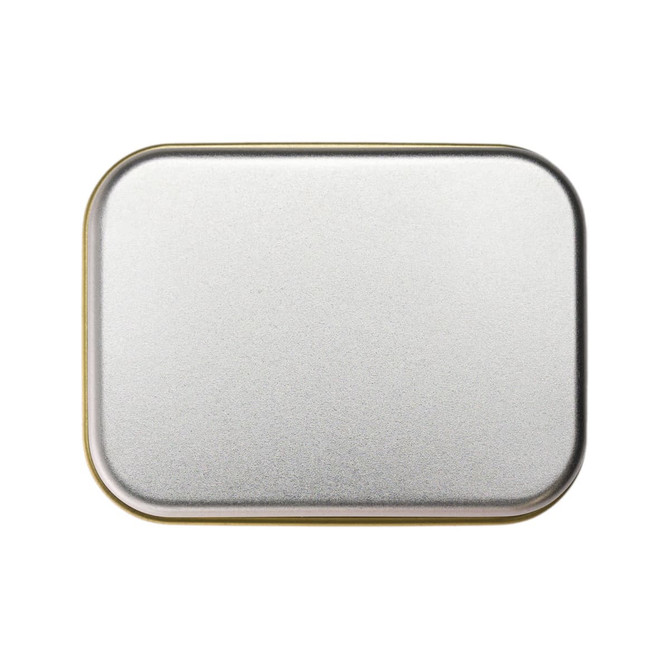A silver rectangular tin with a smooth surface and rounded edges, designed for packaging pens.