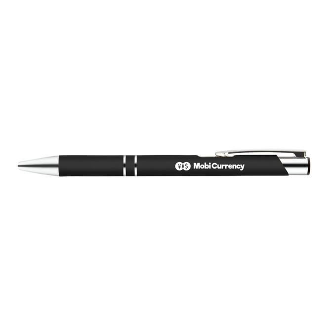 A metal pen featuring a sleek black design with silver accents and the logo "MobiCurrency" printed on its side.