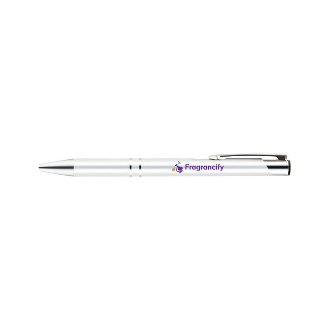 A metal pen in white with a shiny silver clip and a logo printed on the side.