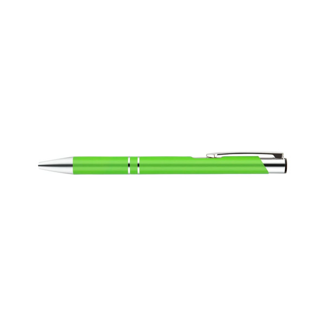 A metal pen in bright green with silver accents and a clip, featuring a sleek and modern design.