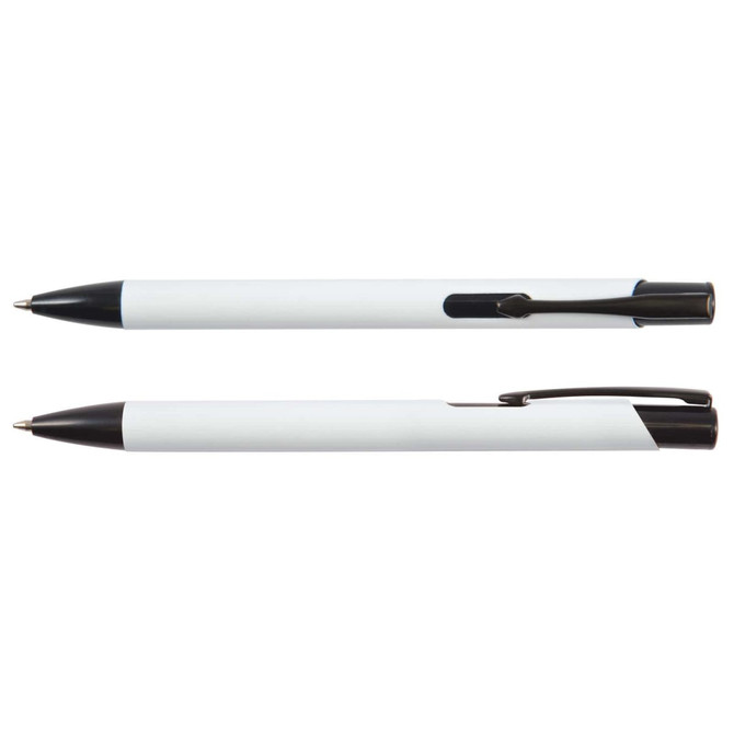 A black and white metal pen duo featuring sleek designs and a clip for easy carrying. Includes a logo.