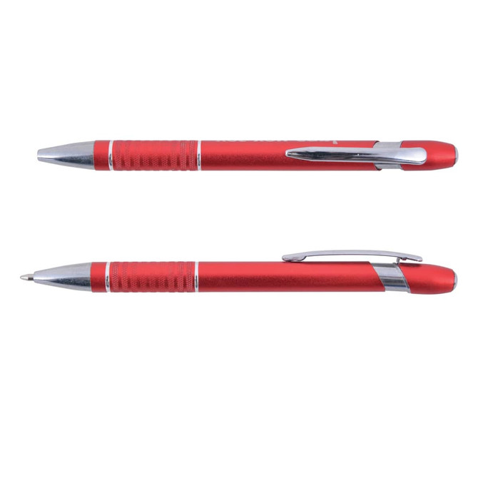 A red aluminium pen with a shiny silver tip and clip, featuring a textured grip area.