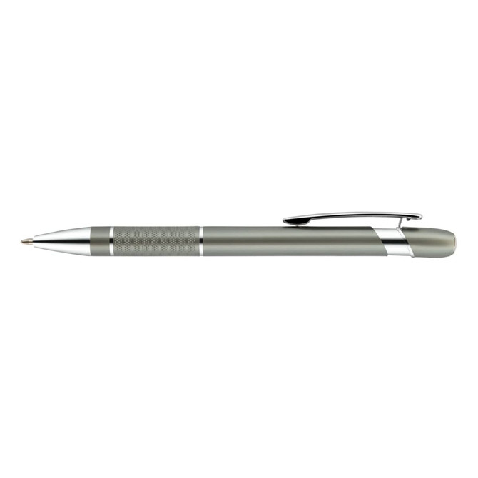 A metal pen in a sleek silver-grey colour with a shiny chrome clip and accents, featuring a textured grip.