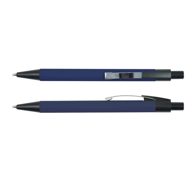 A metal pen in a deep blue color with black accents and a silver clip. The image features two angles of the pen.