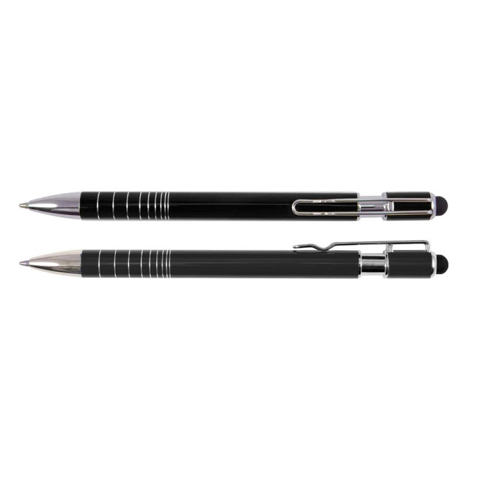 A black stylus pen with a silver clip and accents, featuring both a pen tip and a stylus tip.