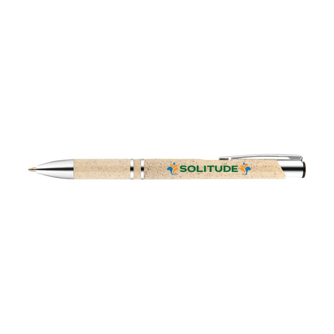 A plastic pen with a cork-like barrel and silver accents, featuring a logo.
