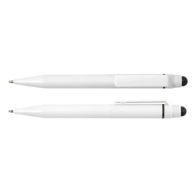 A Chameleon Pen / Stylus featuring a sleek white design, with both a ballpoint pen and stylus tip.