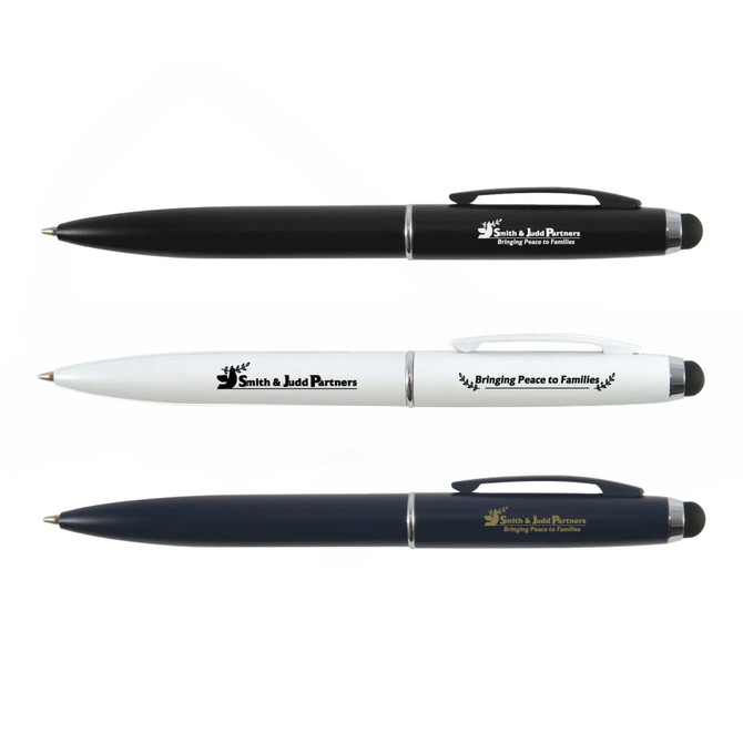 Three metal pens are displayed: one black, one white, and one navy, each featuring branding.