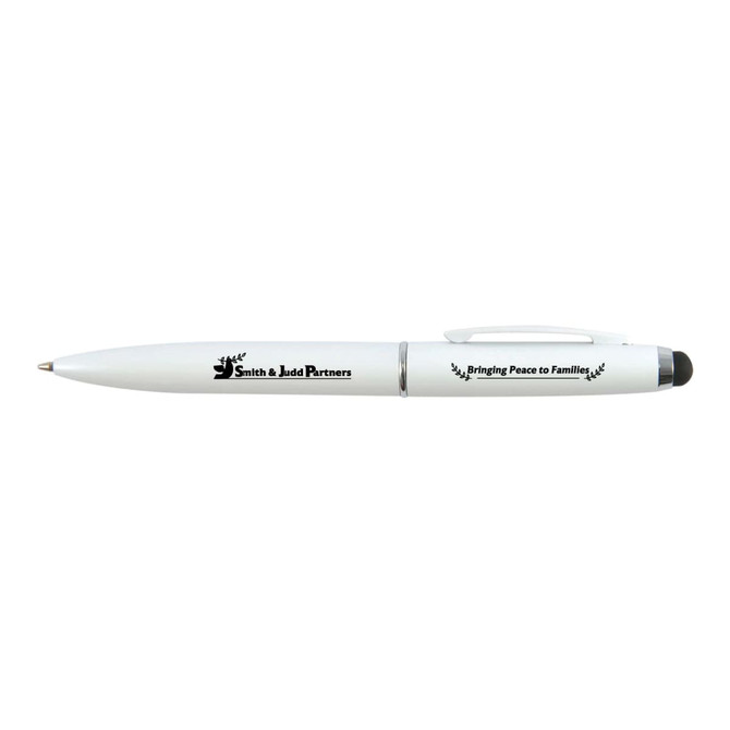 A metal pen in white with a clip and a black tip, featuring a logo and text design.
