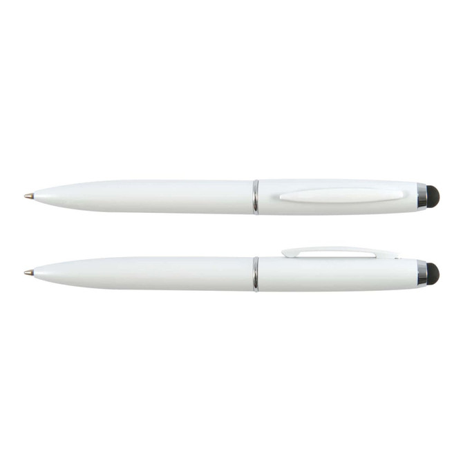 A white metal pen with a sleek design, featuring a glossy finish and chrome accents.