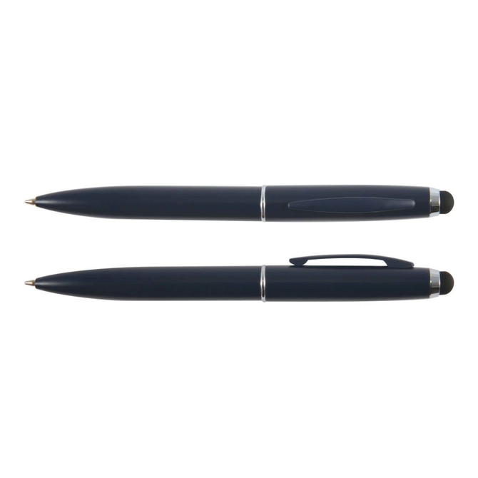 A set of Starion metal pens featuring a sleek dark blue design, including a ballpoint variant and a stylus tip option.