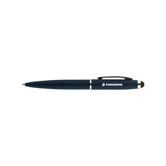 A stylus pen in navy blue with a silver band and a brand logo on the side.