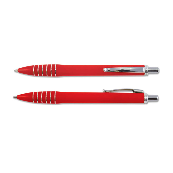 A red plastic pen named Titan Pen featuring a sleek design with silver accents and grip detailing.