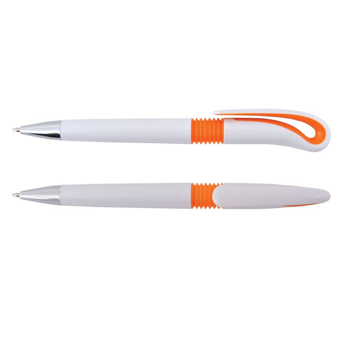 A plastic pen featuring a white body with orange accents and a sleek clip design. It has a shiny silver tip.