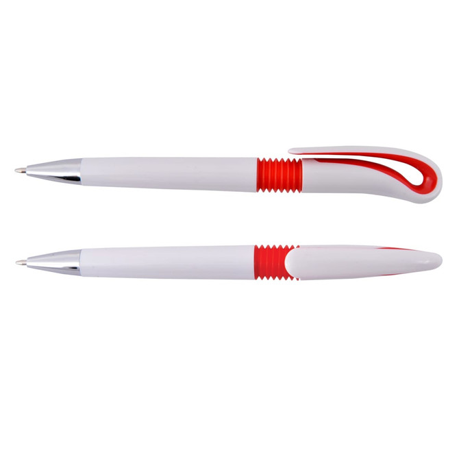 A Hook Pen in white and red colors features a curved hook design at the top and a plastic body with silver accents.