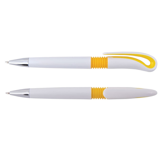 A promotional Hook Pen featuring a white body with yellow accents and chrome detailing. It has a unique hook design.