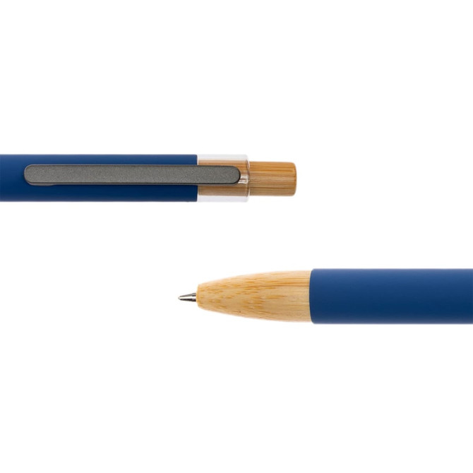 A blue metal pen with a bamboo accent and a silver clip. The pen features a smooth, streamlined design.