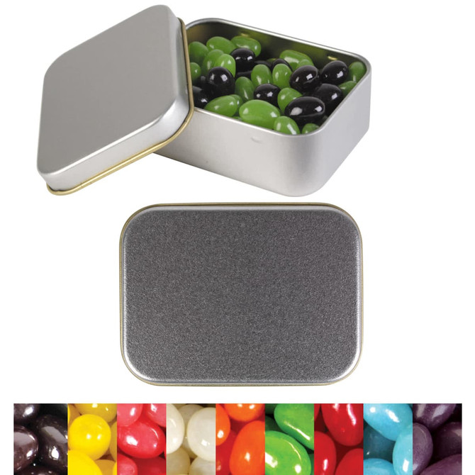 Silver rectangular tin filled with green and black jelly beans, with a variety of colorful jelly beans displayed below.