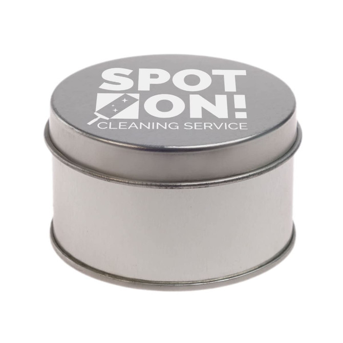A silver round tin featuring a logo for "Spot On! Cleaning Service."