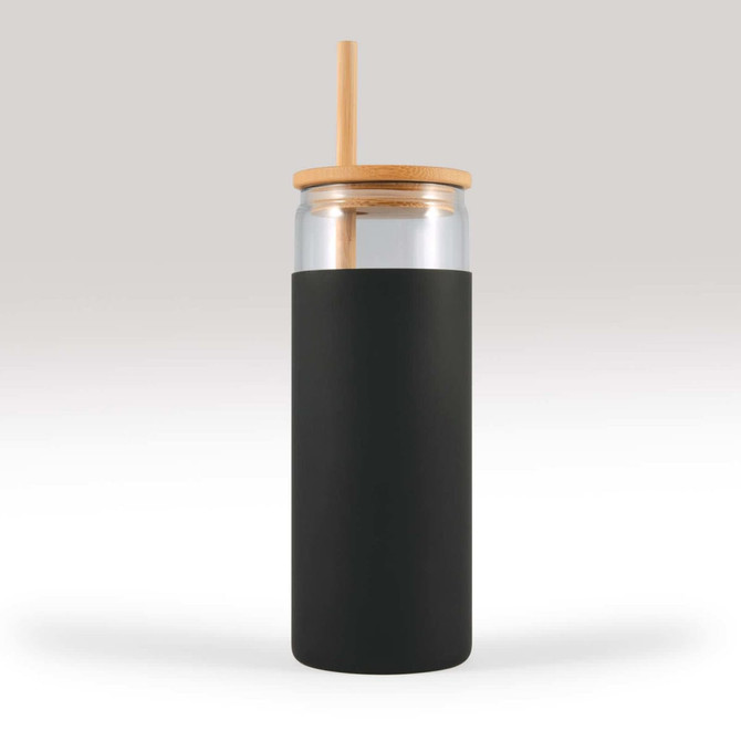 A glass tumbler with a black silicone sleeve, a bamboo lid, and a straw.