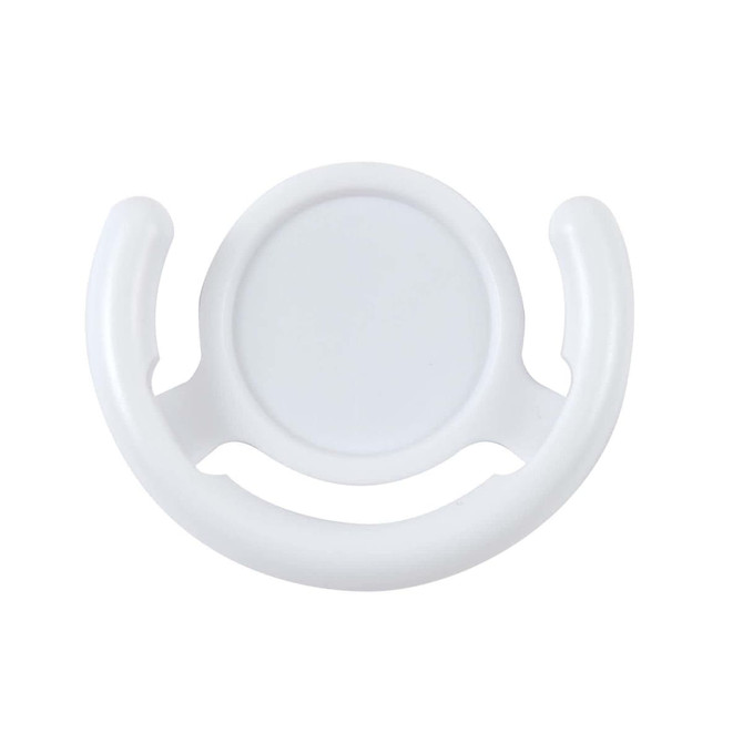A white phone grip with a circular center and curved sides designed for easy holding of a smartphone.
