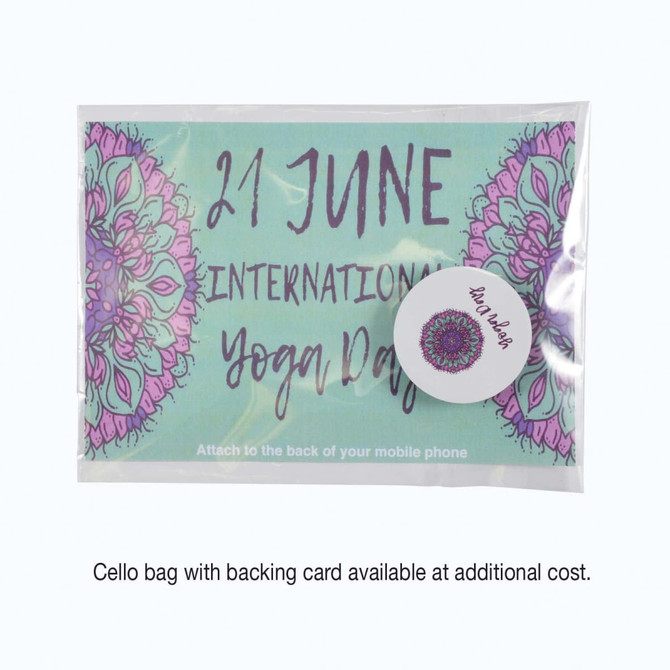 A cello bag contains a backing card with colorful mandala designs and a circular tag for phone attachment.