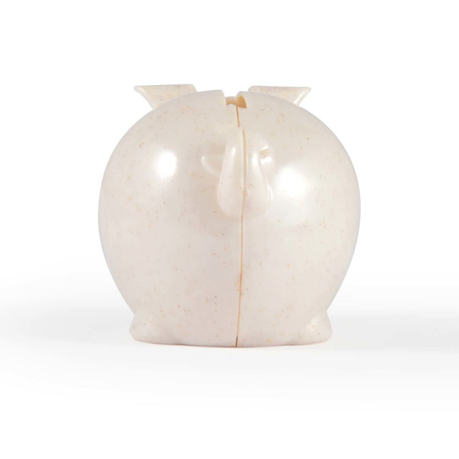 A small, cream-colored pig-shaped coin bank with a smooth, rounded body and tiny ears.