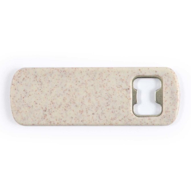 A drink bottle opener in a speckled beige color with a metal opener section and a logo.