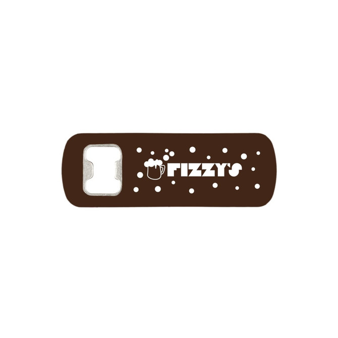 A drink bottle opener featuring a brown design with white text and a logo, designed for easy bottle opening.