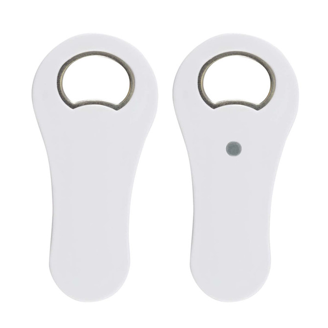 A drink bottle opener in a sleek white design, featuring a round opening for caps and a smooth ergonomic handle.