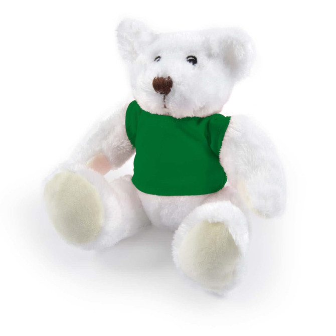 A plush teddy bear with a soft white exterior and a green shirt.