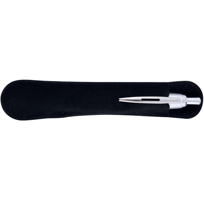 A sleek silver metal pen resting on a black velvet case, featuring a smooth design.