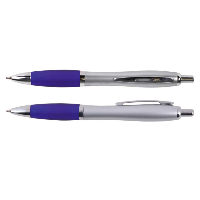 A collection of two metal pens with silver bodies and purple grips, featuring a logo on one pen.