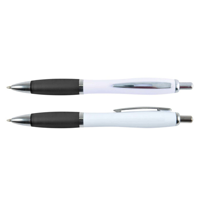 Two Viva Pens with a white barrel and black grip are displayed, featuring a sleek design and chrome accents.