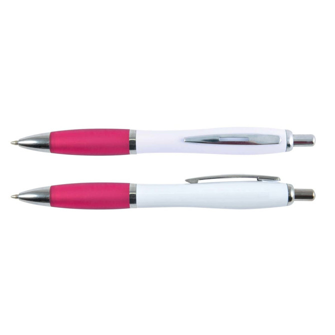A white barrel pen with pink grips and chrome accents, featuring a logo on the barrel.