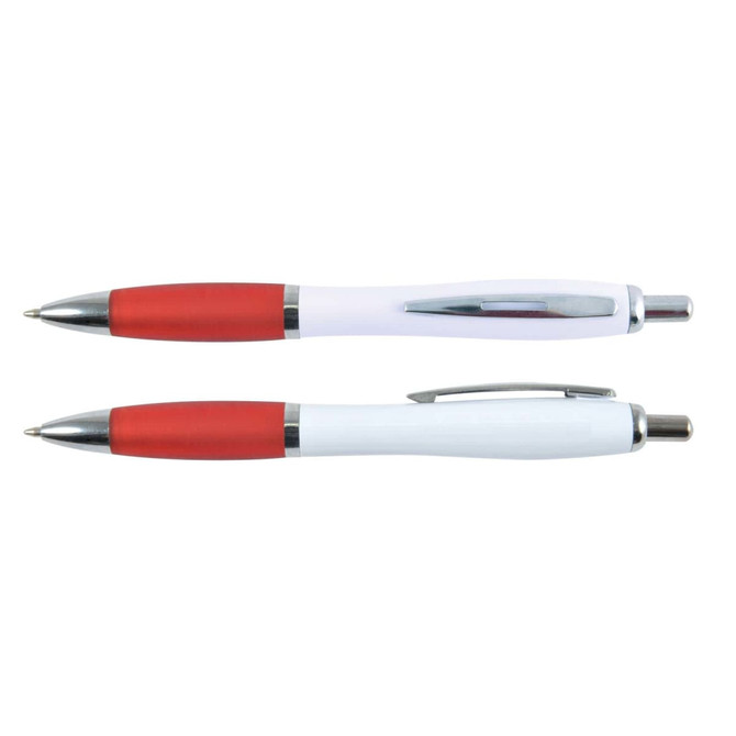 A set of two Viva Pens featuring a white barrel with contrasting red grips and chrome accents.