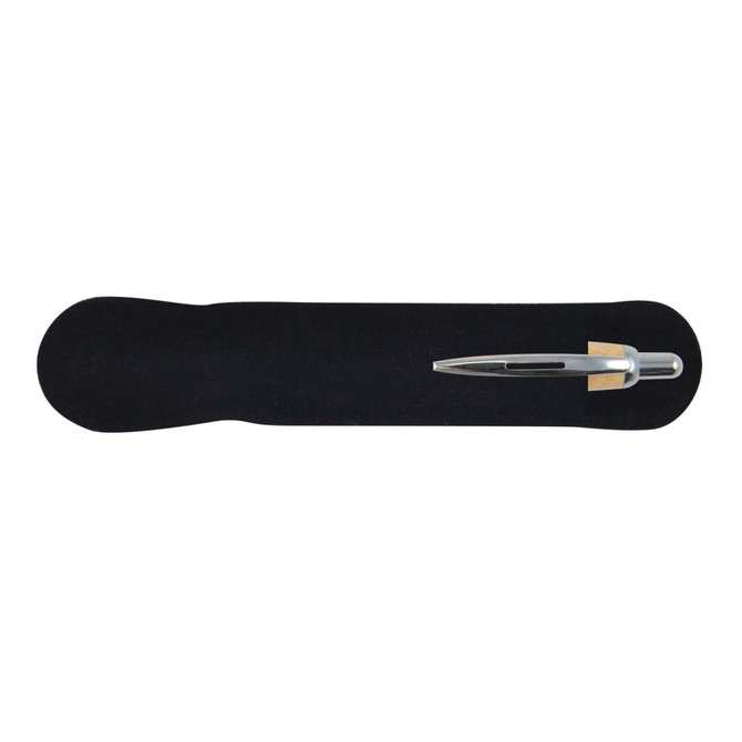 A bamboo pen is displayed on a black velvet base. The pen features a sleek design with a metallic tip and clip.
