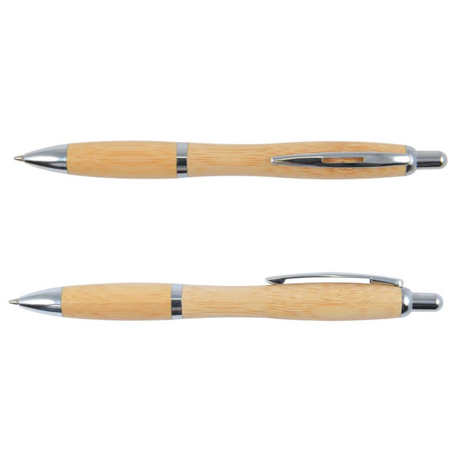 A bamboo pen with silver accents, featuring a sleek design and a chrome clip. It has a branding logo.