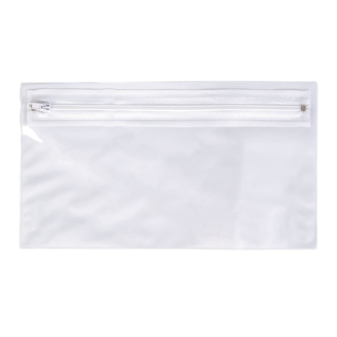 A transparent pencil case featuring a zippered top closure, suitable for office and business use.