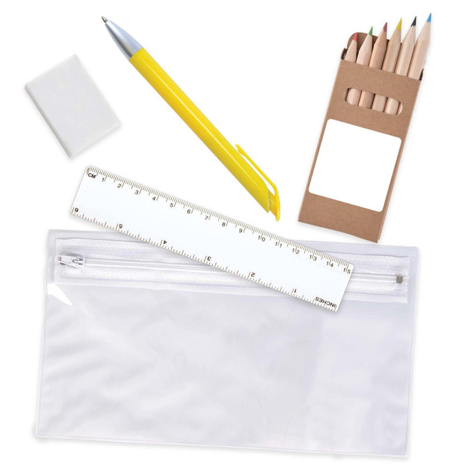 A pencil case containing colored pencils, a yellow pen, a ruler, an eraser, and a clear zippered pouch.